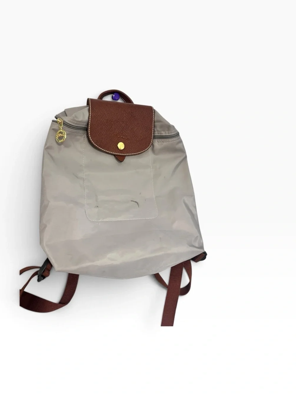 Longchamp Gray Backpack with Brown Trim and Straps medium